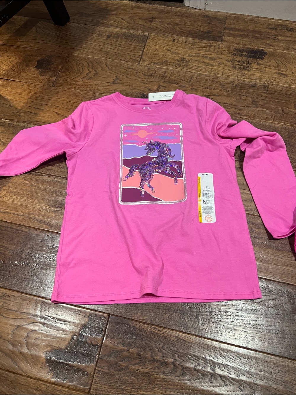 Wonder Nation kids 10-12 Pink Long-Sleeve Sequin Unicorn Graphic Tee